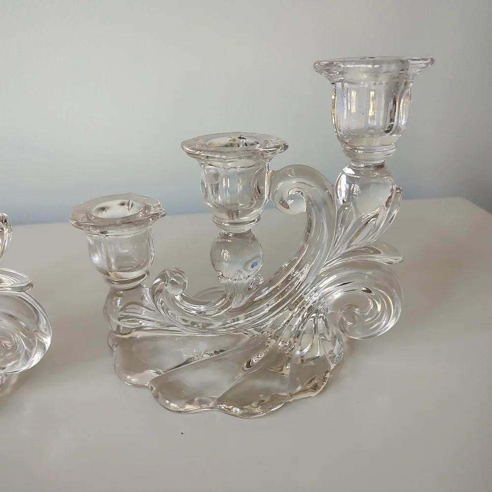 Vintage Cambridge Glass Caprice Three Light Candlestick Pair Chrystal Clear